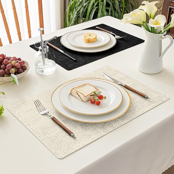 Romanstile Vinyl Placemats Set of 8, Reversible Faux Leather Heat Resistant Wipeable Table Mats, Waterproof Washable Non-Slip Table Placemats for Dining/Kitchen/Party/Outdoor (Black Beige, 12" x 17") - Image 7