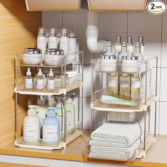 Delamu 2 Pack 3-Tier Bathroom Under Sink Organizers and Storage, Multi-Purpose Stackable Pantry Organization and Storage, Pull Out Clear Kitchen Bathroom Cabinet Organizer with Movable Dividers, Beige by DELAMU