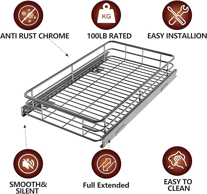 Pull Out Cabinet Organizer 20" W x 21" D, Chrome | Slide Out Shelves for Kitchen Cabinet, 100 lbs Capacity, Smooth Ball-Bearing Glides, Heavy-Gauge Steel Wire, Fits 21" Opening - Image 5
