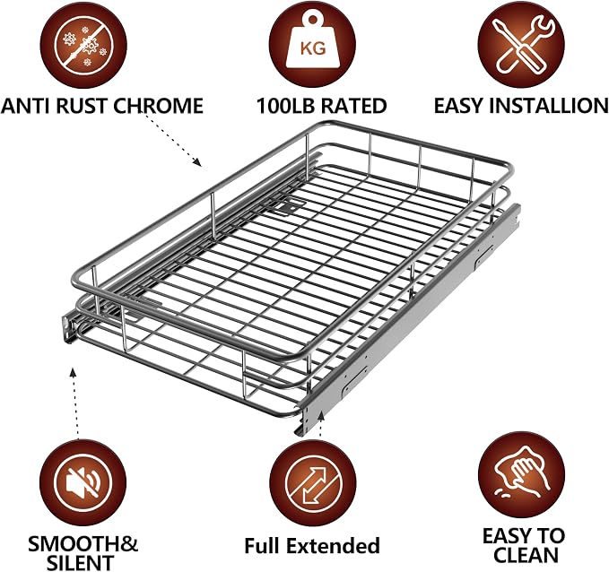 Pull Out Cabinet Organizer 24" W x 21" D, Chrome-Plated Steel | Slide Out Kitchen Shelves, Heavy-Gauge Wire Storage Drawer, Ball-Bearing Glides, 100 Lb Capacity, Min 25" Cabinet Opening - Image 6