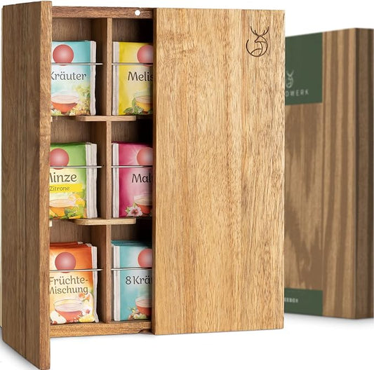 WALDWERK Tea Storage Organizer (9 Compartments) - Tea Organizer Made of Solid Acacia Wood - Tea Box with Wall Mounting Option - Tea Organizer and Storage - Tea Bag Holder - Plastic Free Tea Holder by WALDWERK