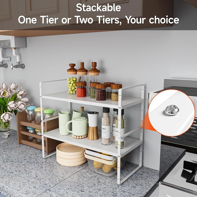 2Pack 16.5-27''L Expandable Cabinet Countertop Shelf Organizer, White | 8"W x 9.6"H, Stackable Metal Shelves, Storage Spice Rack, For Pantry and Cupboard, Kitchen Organizers and Storage - Image 5
