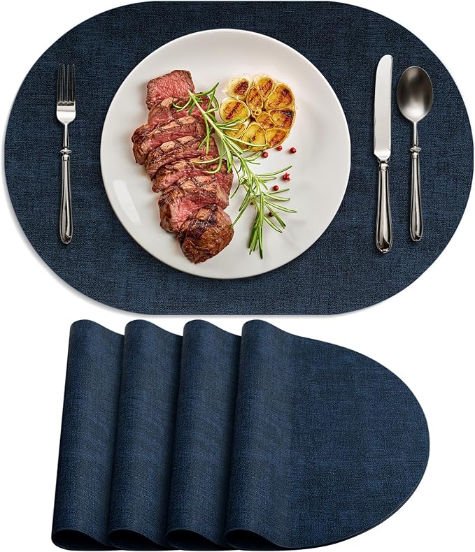 Placemats Set of 4-17" x 11.8" Waterproof & Heat Resistant Oval Place Mats, Wipeable Washable Double Layer Faux Leather Table Mats, Dark Blue by Delicateandelegantplacemats