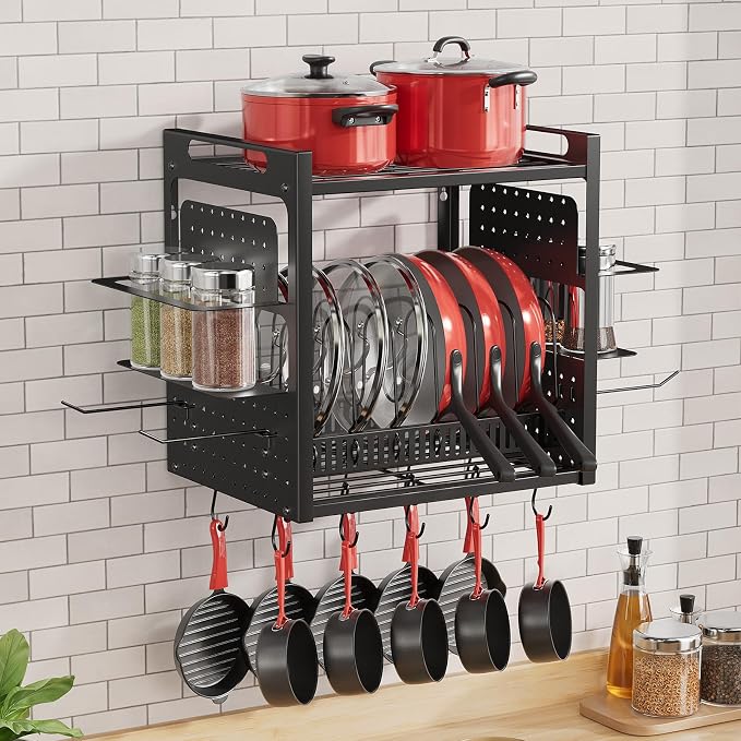 Wall Mounted 16" Pot Rack，2 Tier Kitchen Pots & Pan Organizer with 10 Hooks | Spice Rack & Pot Lid Holder, Heavy Duty Steel Pot and Pan Hanger for Kitchen Cookware Utensils Storage - Image 5