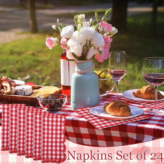 SmoothNovelty 24 Pack Buffalo Plaid Cloth Napkins 18x18 Inch Checkered Cloth Napkins Scalloped Soft Cotton Table Mat Washable Reusable for Dinner Wedding Holiday Birthday Parties (Classic,Red) - Image 7