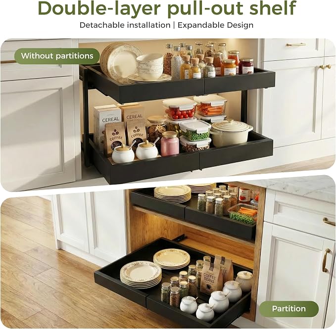 Abalter Expandable Pull Out Cabinet Organizer,2-Tier Slide Out Drawer for Kitchen Cabinets,Adjustable Width 12–18.5",Slide Out Shelves for Kitchen Countertop, Bathroom, Pantry, Heavy Duty Caddy(Black) - Image 3