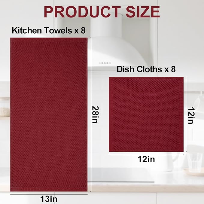 Homaxy 16 Pack 100% Cotton Kitchen Towels and Dishcloths Set, Burgundy | 12 x 12 Inches and 13 x 28 Inches Kitchen Towels Set, Ultra Soft Absorbent Dish Cloths for Washing Dishes - Image 4