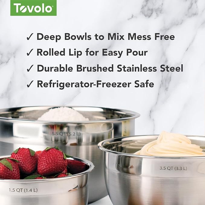 Tovolo Stainless Steel Mixing Bowls, 1.5 Qt - Metal Nesting Mixing Bowl with Rounded Lip for Easy Pour & Minimal Mess - Large & Small Dishwasher Safe Kitchen Supplies for Prep & Cooking (Pack of 8) - Image 3