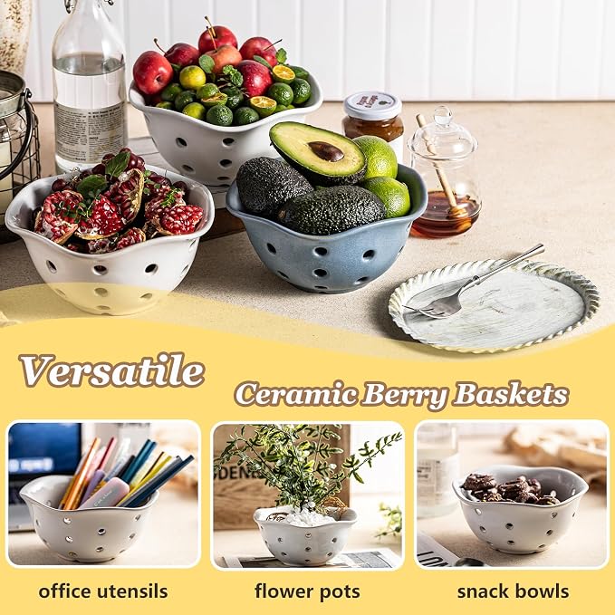 Gomakren Ceramic Berry Basket Set of 2, Elegant Fruit Basket Container 6 Inch, Fruit Bowl with Holes for Kitchen Counter, Berries, Strawberry, Grape, Cherry, Floral Shape - White - Image 7
