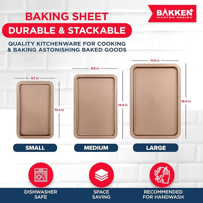 BAKKEN 3-Piece Kitchen Baking Pans - Small, Medium, and Large Cookie Pan, With Nonstick Coating, Stackable and Space-saving Design, PFOA, PFOS, PTFE Free, Oven Safe Tray (Up To 450°F), Brown - Image 2