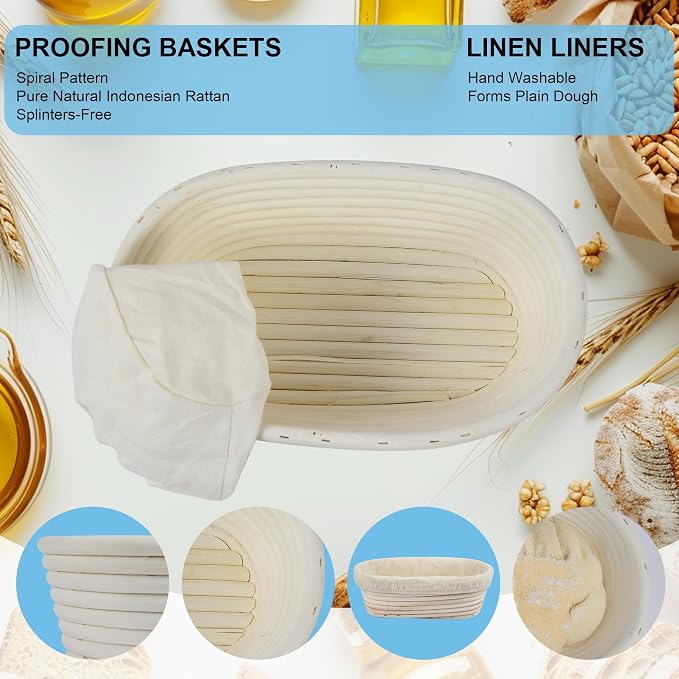 3Pcs Banneton Bread Proofing Basket, 10 inch Oval Banneton Basket,Sourdough Proofing Basket,Bread Bowl Handmade Rattan Baskets and Liners for Professional & Home Sourdough Bread Baking - Image 3