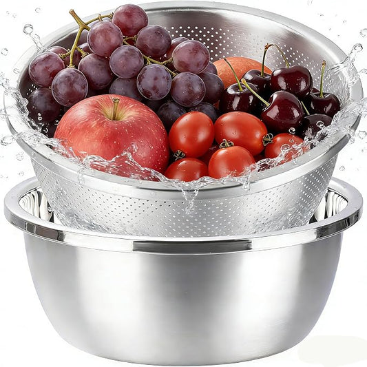 Colander and Bowl Set 5.0QT (2-in-1) - Thickened 304 Stainless Steel Kitchen Strainer Bowl for Fruit, Pasta, Vegetables, Rice - Heavy Duty, Induction Cooker & Dishwasher Safe by FocusOnReliability