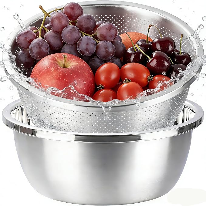 Colander and Bowl Set 4.0QT (2-in-1) - Thickened 304 Stainless Steel Kitchen Strainer Bowl for Fruit, Pasta, Vegetables, Rice - Heavy Duty, Induction Cooker & Dishwasher Safe by FocusOnReliability