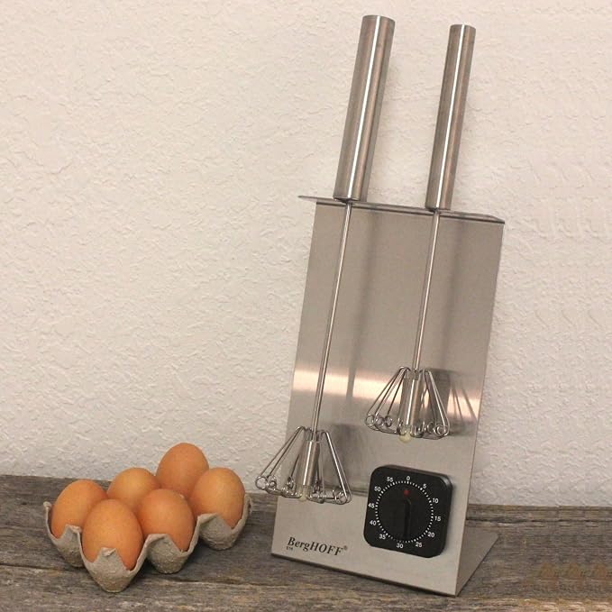 Berghoff 18/10 Stainless Steel Rotating Whisk Set with Stand & Timer | Set of 3Pc, Ergonomic Handle, Metal Wire Balloon Whisks for Cooking & Baking, Manual Hand Mixer Egg Beater, Silver Finish - Image 4