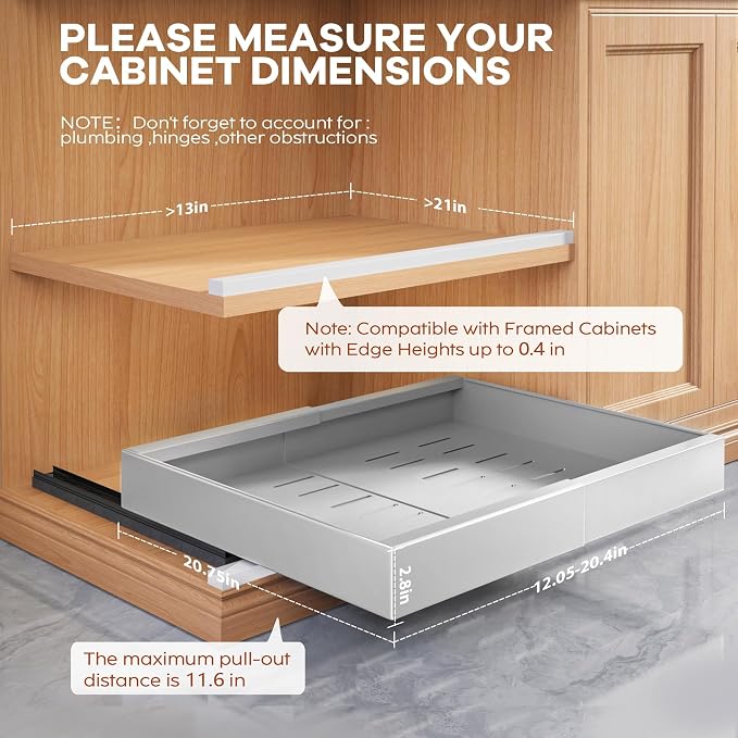 Seinloes 2Pack Expandable Pull Out Cabinet Organizer 21"Deep With Raising Pad for Framed Cabinets, Upgrade 3 Slide Rails Slide Out Drawers,Roll Out Shelves Adhesive,Adjustable Width 12.05"-20.4"Silver - Image 4