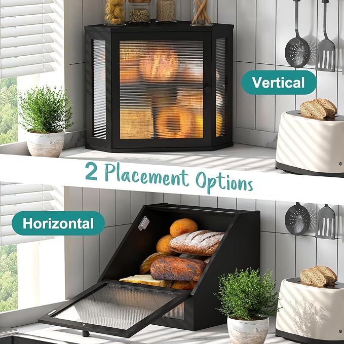Corner Bread Box, Bamboo Bread Box for Kitchen Countertop, 2 Tier Wooden Bread Storage, Black - Image 6