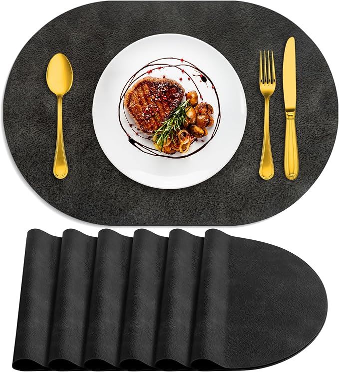 ADRIMER Placemats, Heat Resistant Oval Placemats Set of 6 Washable 12 x 17 Inch, Waterproof Table Mats, Wipeable Pu Place Mats for Kitchen, Dark Grey by Adrimersdreamistobeanindispensablecompanioninyourlife
