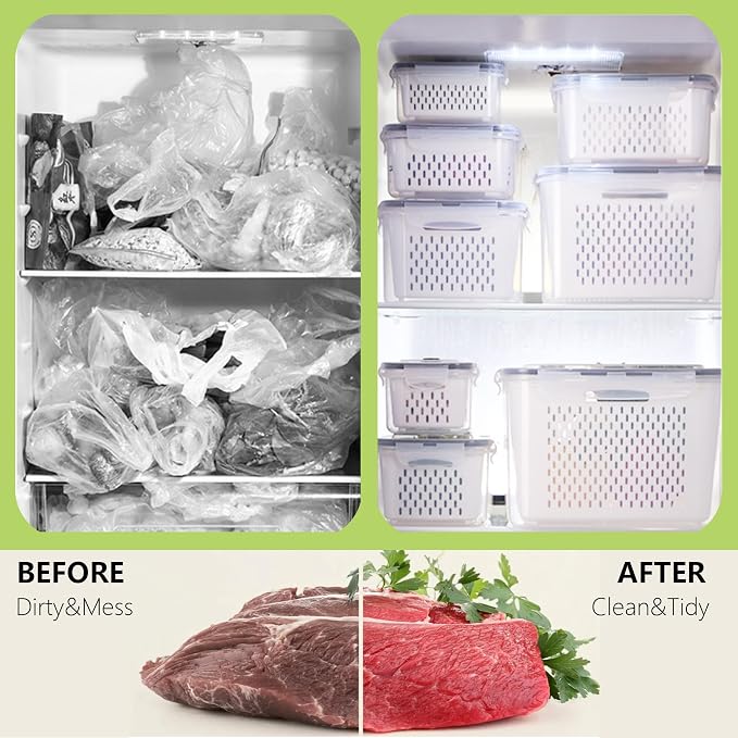 5 Pack Fruit Storage Containers for Fridge,Produce Container for Fridge with Removable Colanders,Leakproof Refrigerator Organizers and Storage for Produce Berry Vegetable Salad Meat Food Keep Fresh - Image 4