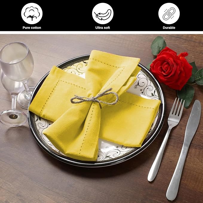 Bedding Craft Cotton Dinner Napkins Set of 12 – 18x18 Sand Yellow with Hemstitched Mitered Corners – Machine Washable Fabric Napkins for Thanksgiving, Weddings & Cocktails - Image 6