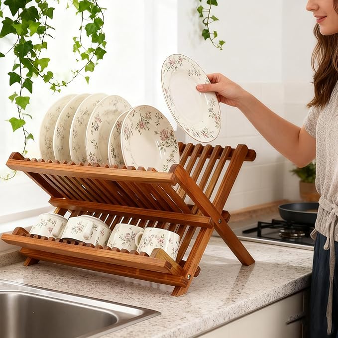 Utoplike Teak Wood Dish Drying Rack, Foldable Plate Organizer Countertop | Dishes Drainer Racks Collapsible, Small Holder for Cups, Bowls, Pans, Pots, Compact Kitchen Counter, 2 Tier, Space Saving - Image 2