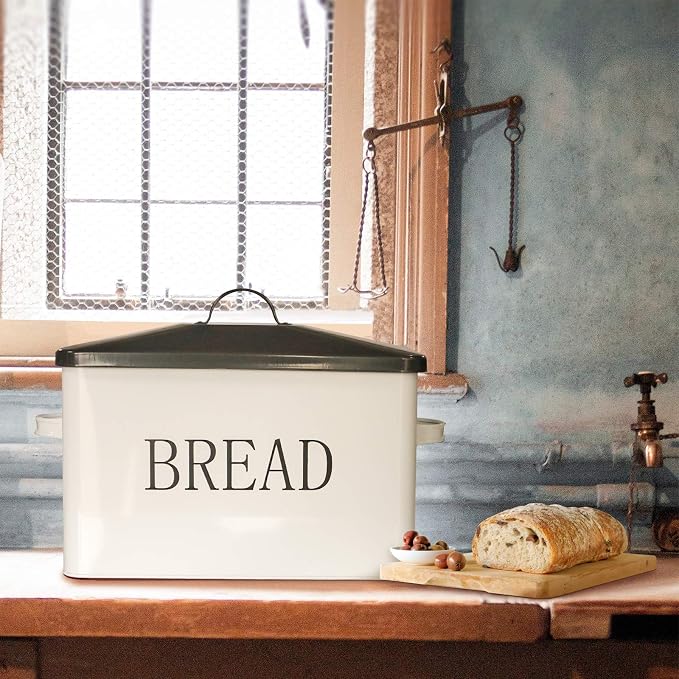 SOTECH Metal Bread Box with Lid for Kitchen Countertop Large Bread Bin kitchen Bread Food Snacks Storage Container Farmhouse BreadBox Grey Lid White Body with Side Handles - Image 6