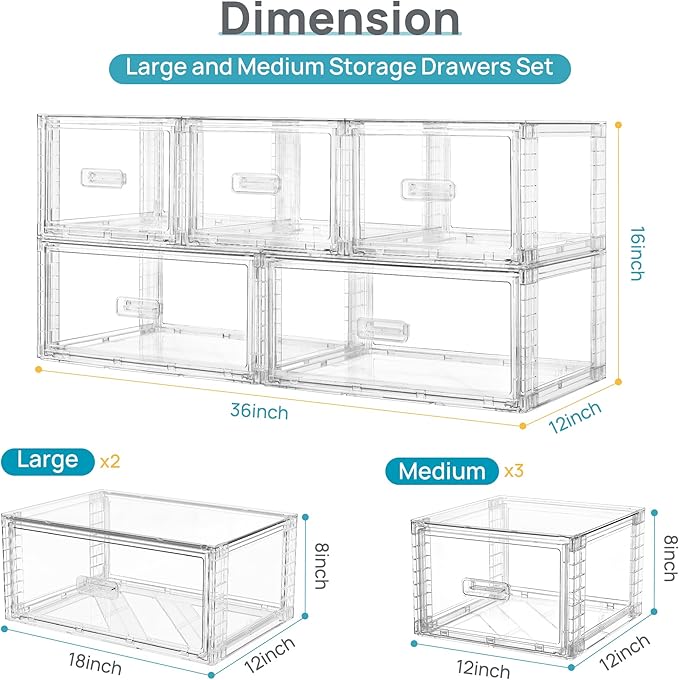 Vtopmart 5 Pack Large & Medium Storage Stackable Drawers Set | Easy Assembly Clear Plastic Storage Cabinet, Durable Dresser for Closet, Bedroom, Entryway, Playroom & Apartment Organization - Image 2
