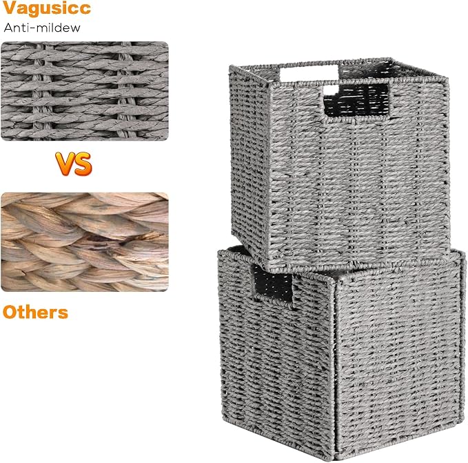 Wicker Storage Basket, Set of 2 Hand-Woven Storage Baskets for Shelves with Handles, Foldable Cube Storage Baskets Bins Organizer 13 inch Large Wicker Baskets for Pantry Bedroom Decor, Grey - Image 3