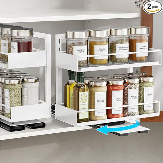 Vertical Spice Rack Pull Out - 2 Pack Spice Organizer for Cabinet | For Flat-Front Cabinets Only, Pull-Out Rotating Access, No-Drill Mount, Keeps Spices Visible Easy to Reach, Adjustable Height by iSPECLE