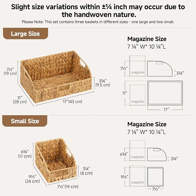 StorageWorks Water Hyacinth Basket Organizer, Pantry Storage Baskets,3-Pack | Wicker Baskets with Handles, Handwoven Shelf Baskets for Organizing, Handwoven Pantry Organizers and Storage, Pantry Baskets - Image 2