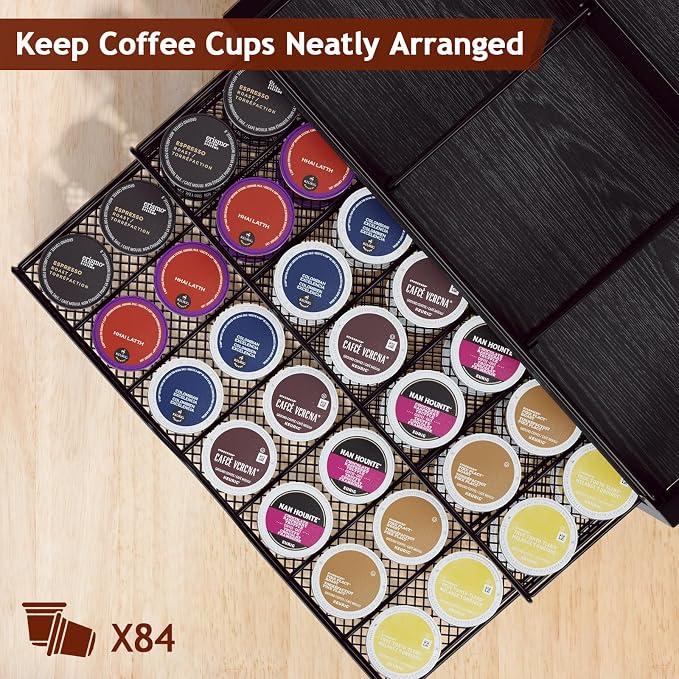 Coffee Bar Organizer - Coffee Station for Countertop, Metal and Wood K Cup holder Storage Basket for Syrup, Cups, Stirrer, Condiment, Tea Organizer, Black - Image 2