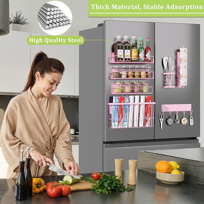 Magnetic Spice Rack for Refrigerator, 7 Pack Magnetic Fridge Shelf for Kitchen Organization Storage, Moveable Spice Organizer W/Paper Towel Holder, Utensil Caddy, Cutting Board Rack (Pink) - Image 6