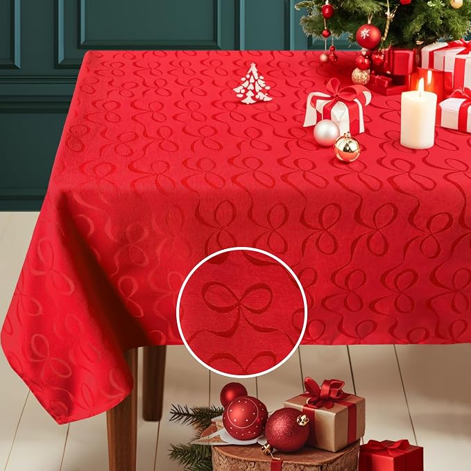 Table Cloths Rectangle 60 x 102 Washable, Reusable Tablecloths for 8ft Tables (Seats 8-10) - Cotton Polyester, Wrinkle Free, Red Holiday Table Cover for Party & Dining, Bow Ties Jacquard (1PC) by VOOVAMOVAS