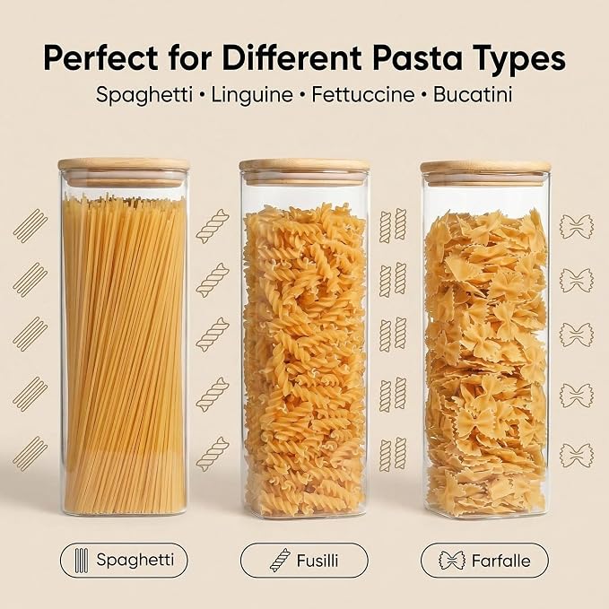 Pasta Storage Containers 3 Pack, 78oz Square Airtight Glass Spaghetti Container with Bamboo Lids, Tall Glass Pasta Storage Jar for Pantry Organization Spaghetti Linguine Fettuccine Cereal - Image 6