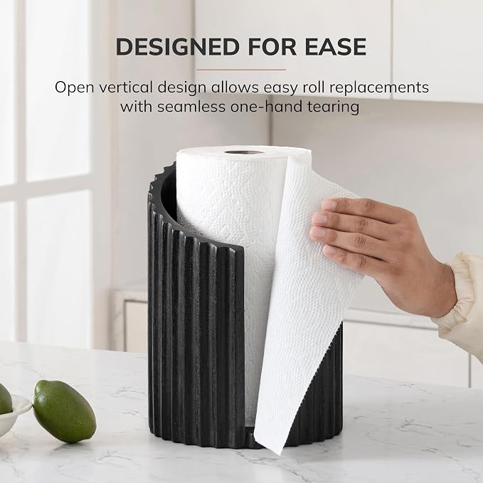 Anji Mountain Wooden Paper Towel Holder with Metal Holder, Holder Stand for Kitchen Roll Organizer & Kitchen Dining Table Home Décor, Countertop Fits Jumbo & Mega Rolls - Black/Black, Fluted - Image 5