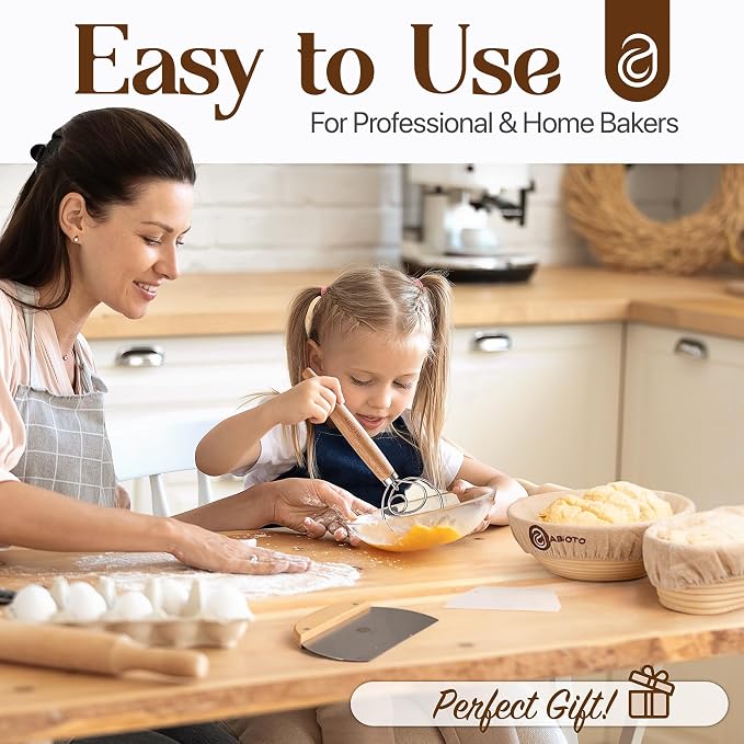 ABIOTO Sourdough Bread Baking Kit - 17-Piece Artisan Set with 10" Round & 11" Oval Rattan Baskets, Slings, Baking Mat, Bread Lame, Danish Whisk & Scrapers - Image 7