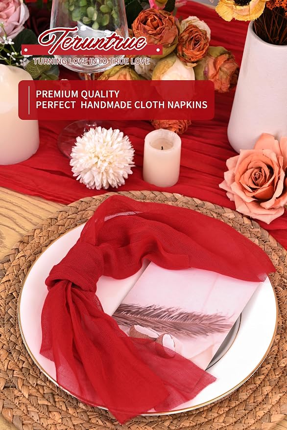 100 Pieces Cloth Napkins Red Dinner Cheesecloth Napkins for Wedding,Wrinkled Cloth Napkins Bulk for Home Party Rustic Table Decoration, 17 x 17 Inch - Image 5