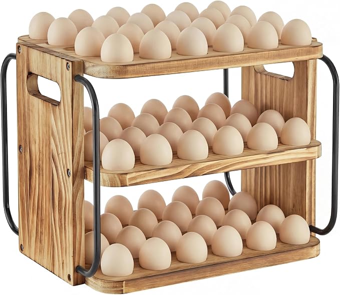 Wooden Egg Holder Countertop for Fresh Eggs with Handle | 3 layer, fresh egg holder countertop, stackable with 90 eggs for countertop to store chicken/duck/hand painted/easter egg by HOMELYSTBO
