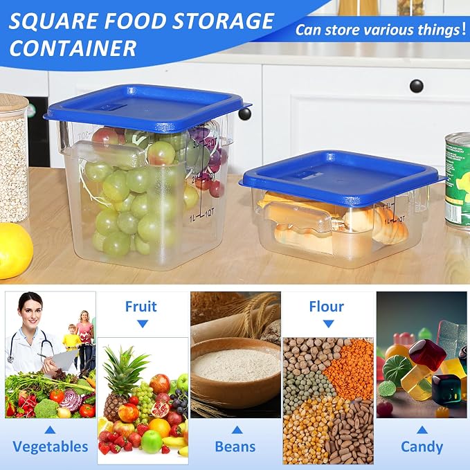 Yungyan 8 Pcs Restaurant Food Storage Containers with Lids Set 2Qt and 4Qt Commercial Restaurant Square Storage Containers Clear Food Cereal Container for Kitchen Freezer (Blue Lids) - Image 6