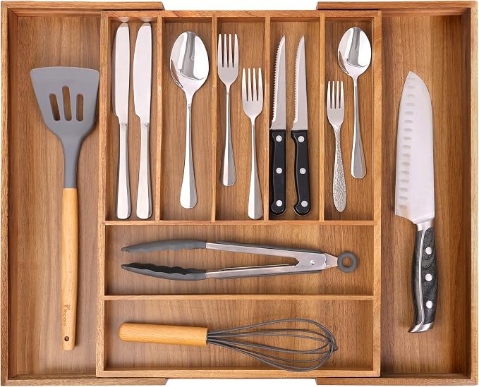 Large Premium Acacia Wood Silverware Organizer - Expandable Utensil Drawer Organizer - 17"x19.6" Utensil Holder and Cutlery Tray with Grooved for Kitchen Flatware Utensils(7-9 Slot, Acacia) - Image 8