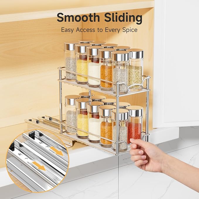 MUDEELA 2 Pack Pull Out Spice Rack for Inside Cabinet, 2 Tier Chrome Spice Organization for Cabinet, Vertical Sliding Out Spice Rack Organizer for Seasoning, 10.4''D×4.8''W×9.3''H - Image 2