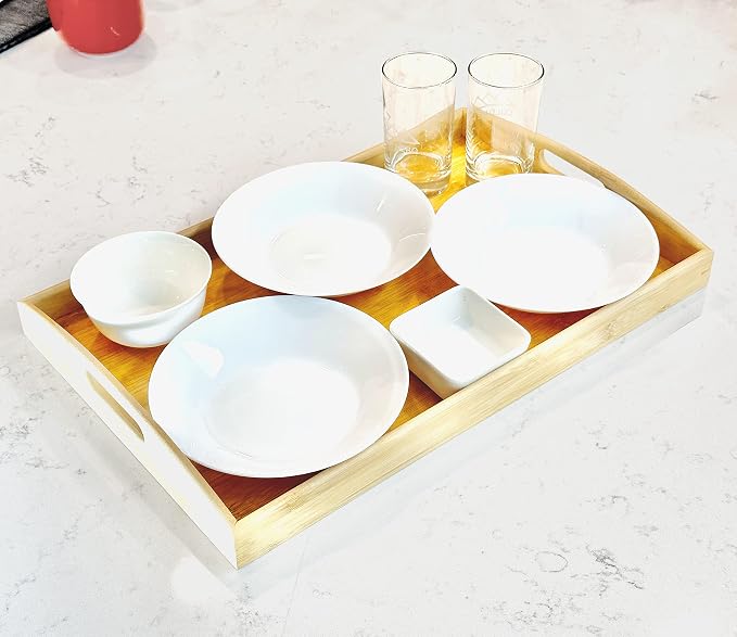 Bam & Boo Natural Bamboo Serving Tray Extra Large Rectangular with Handles for Food, Drinks, Storage, Decor, Vanity, Breakfast, Parties, Weddings, Picnics(20” x 13” x 2.35”, Natural) - Image 2
