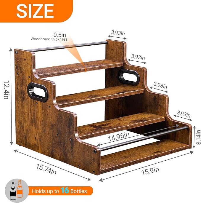 YQBRAO 2-Pack 4-Tier Liquor Bottle Display Shelf, 16-Inch, Rustic Brown | Two racks hold up to 32 bottles total for bourbon, spirits, home bars, dining areas, and entertaining spaces. - Image 3