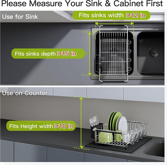 JASIWAY in Sink Dish Drying Rack with Mat, Cups and Utensil Holder | Use Over the Sink or Counter, Stainless Steel Expandable Dish Drainer for Small Kitchen, Space Saving, Fast Drain, Rustproof - Image 5