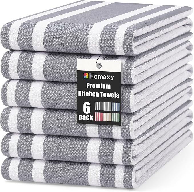 Homaxy Premium Cotton Stripe Kitchen Towels 6 Pack, 18"x 28", Grey | Large 380 GSM Kitchen Hand Towels, Soft Terry Dish Towels, Highly Absorbent Tea Towel Set with Hanging Loop by Homaxy