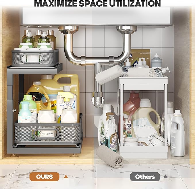 2-Pack Under Sink Storage Organizer with 2-Tier Slide Out Drawer, Sophisticated Mesh Pull Out Shelf for Kitchen & Bathroom, Fits Small Items, Upgraded Arched Track for Smooth Gliding-Gun Gray - Image 5