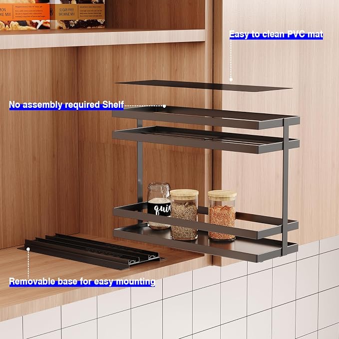 Mustorn Pull Out Spice Rack Organizer for Cabinet, 2 Tier Metal Slide Out Seasoning Organizer and Storage Heavy Duty Vertical Spice Rack Shelf Pullout for Kitchen Cabinets No Drilling(1 Pack, Black) - Image 7