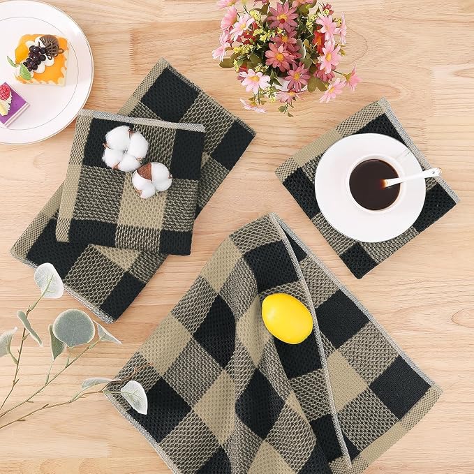 Homaxy Kitchen Towels and Dishcloths Set, Set of 10, Black & Tan | Bulk Cotton Waffle Weave Check Plaid Kitchen Towels, Super Soft and Absorbent Dish Cloths, 12 x 12 and 13 x 28 Inches - Image 7