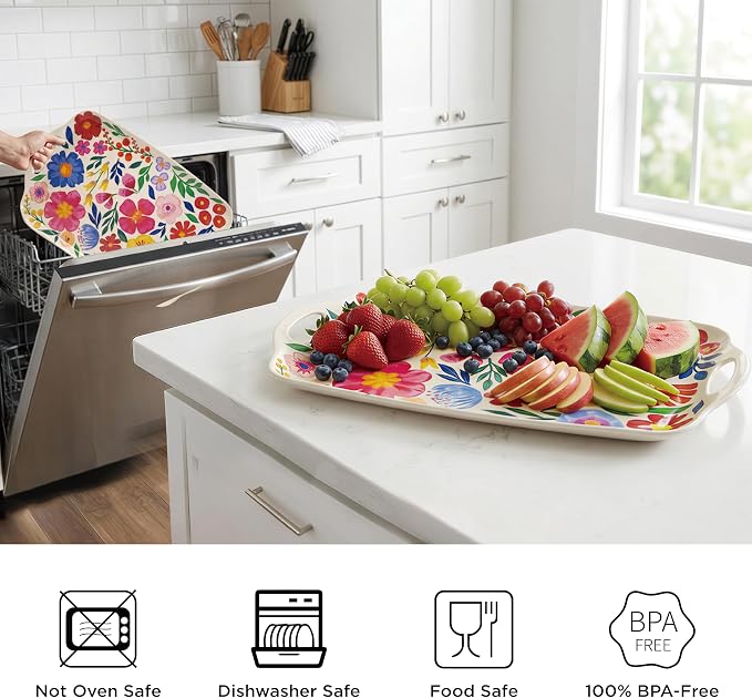 TP Large Melamine Serving Trays with Handles, 19" x 12", Set of 2, Floral | Rectangular Trays, Serving platters, Turkey and Party Serving, Lightweight, Break-resistant - Image 5