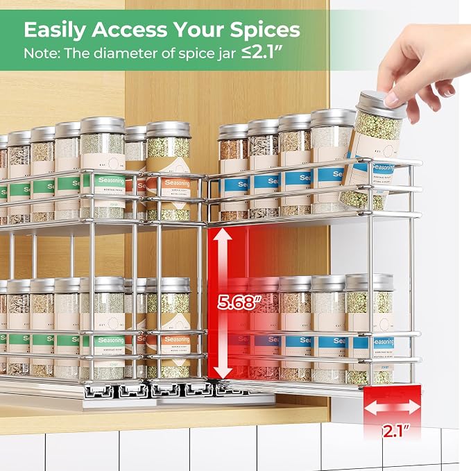 Mystozer Pull Out Spice Rack Organizer for Cabinet, Slide Out Spice Racks, Easy to Install Spice Cabinet Organizers, 7.4" Wx10.43 Dx8.26 H, 3 Drawers 2 Tiers(Silver) - Image 3