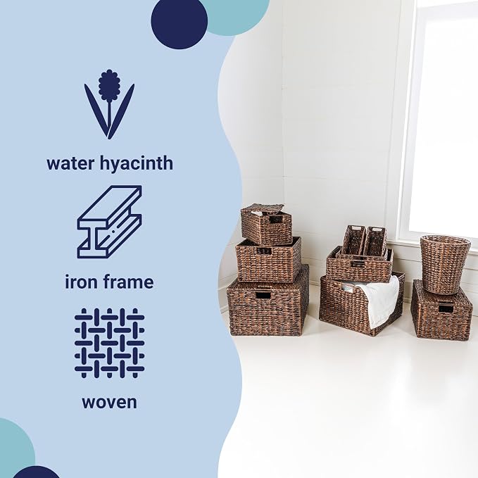 happimess Traditional 10-Piece Hyacinth Wicker Baskets, Dark Brown Wash | Hand-Woven Iron Frame Storage, Lidded Trunk, Trash Bin, Southwestern Style, Living Room Bedroom Decor - Image 5